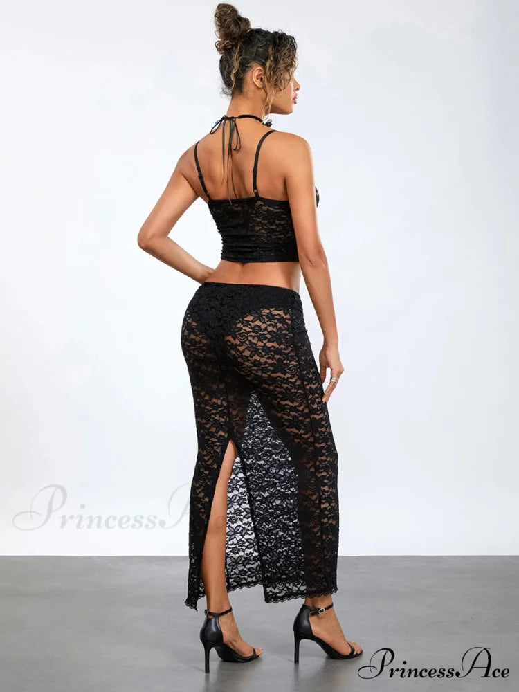 Transparent Ebony Lace Crochet Camisole Crop Top Lengthy Floral Skirt
