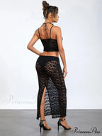 Transparent Ebony Lace Crochet Camisole Crop Top Lengthy Floral Skirt