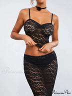 Transparent Ebony Lace Crochet Camisole Crop Top Lengthy Floral Skirt