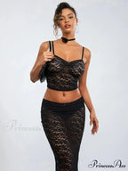 Transparent Ebony Lace Crochet Camisole Crop Top Lengthy Floral Skirt