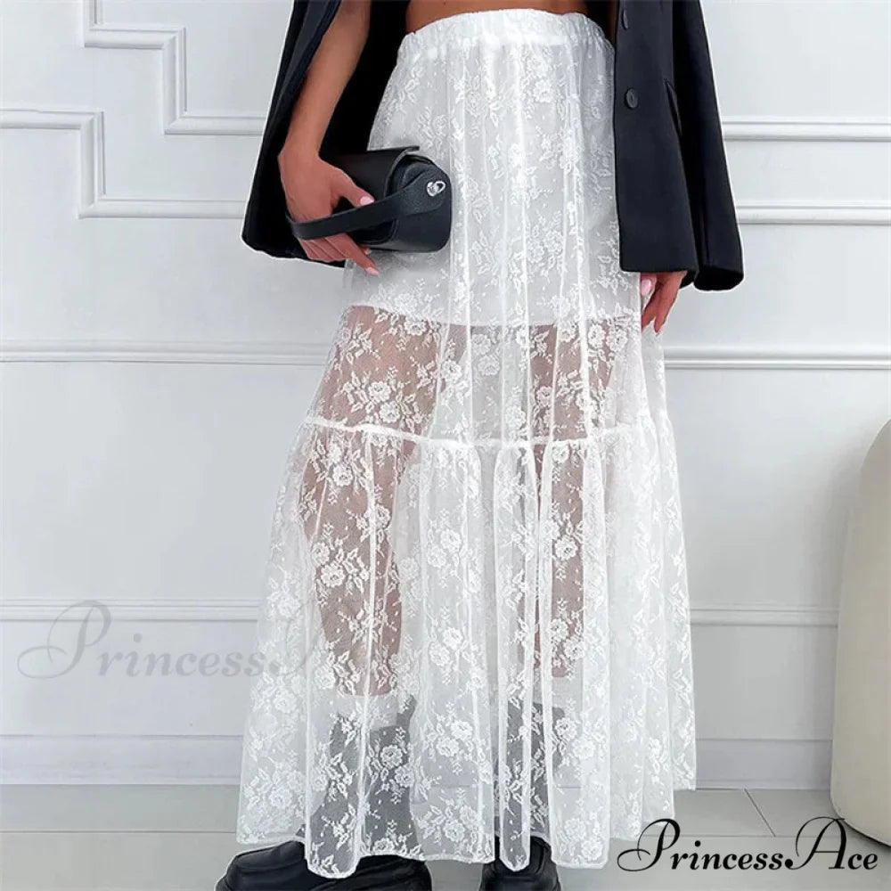 Transparent Floral Lace Stretchy High Waist A-Line Maxi Skirt Holiday Celebration
