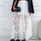 Transparent Floral Lace Stretchy High Waist A-Line Maxi Skirt Holiday Celebration