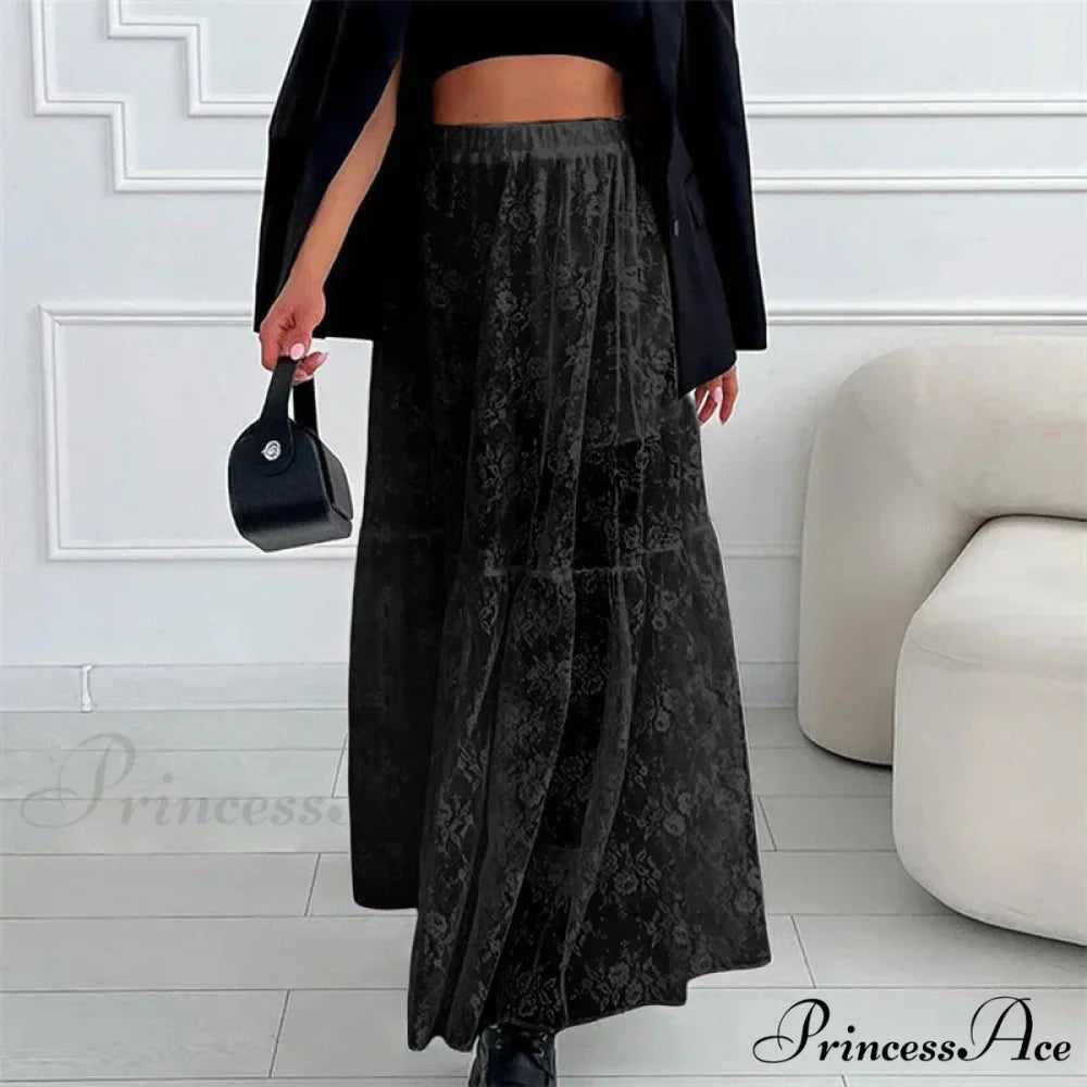 Transparent Floral Lace Stretchy High Waist A-Line Maxi Skirt Holiday Celebration