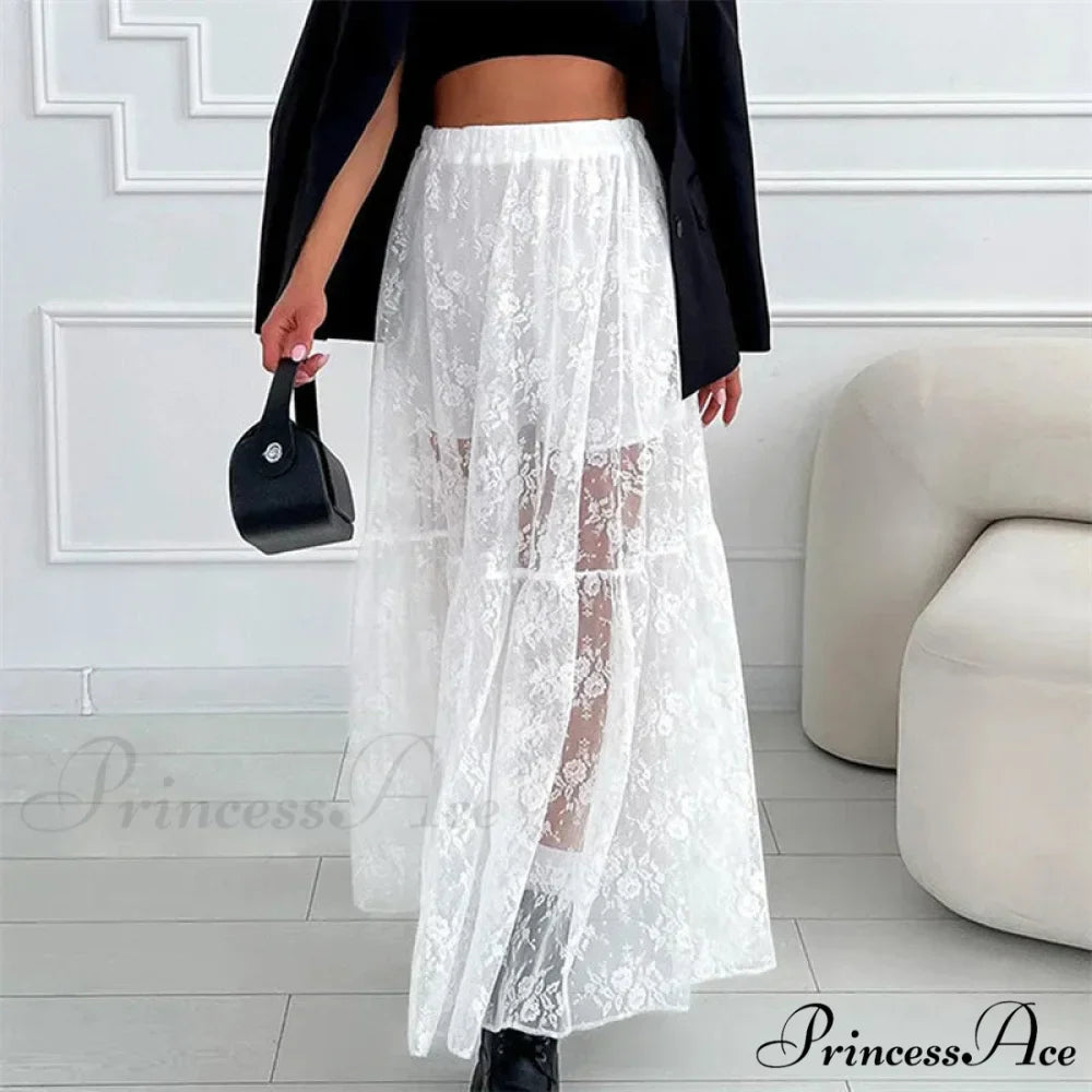 Transparent Floral Lace Stretchy High Waist A-Line Maxi Skirt Holiday Celebration