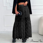 Transparent Floral Lace Stretchy High Waist A-Line Maxi Skirt Holiday Celebration