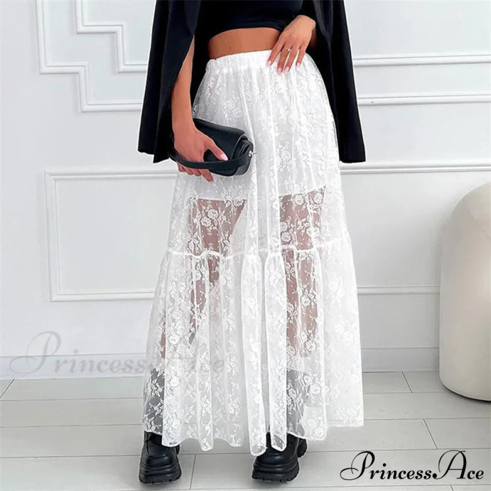 Transparent Floral Lace Stretchy High Waist A-Line Maxi Skirt Holiday Celebration