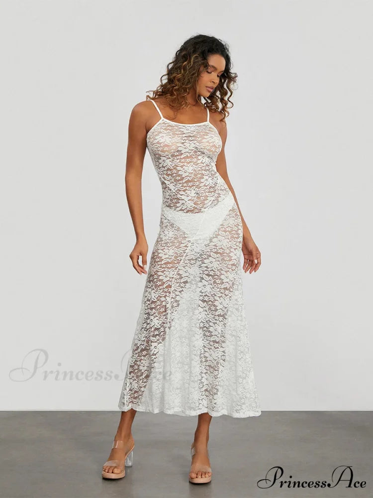 Transparent Ivory Lace Sheer Open-Back Thin Strap Sun Dress