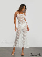 Transparent Ivory Lace Sheer Open-Back Thin Strap Sun Dress