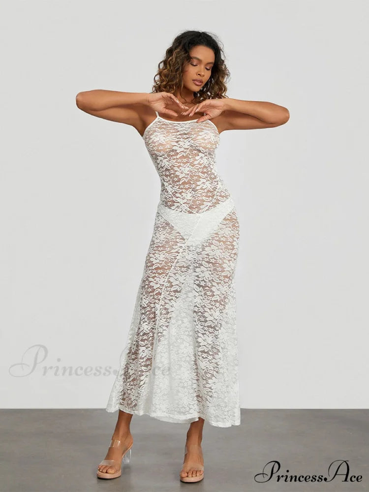 Transparent Ivory Lace Sheer Open-Back Thin Strap Sun Dress