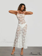 Transparent Ivory Lace Sheer Open-Back Thin Strap Sun Dress
