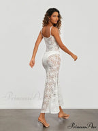 Transparent Ivory Lace Sheer Open-Back Thin Strap Sun Dress