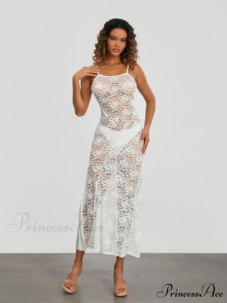 Transparent Ivory Lace Sheer Open-Back Thin Strap Sun Dress