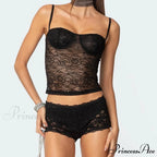 Transparent Lace Cupped Corset Hook Eye Back Crop Top Transparent Shorts Two Pieces Set