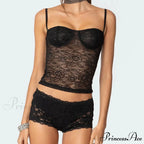 Transparent Lace Cupped Corset Hook Eye Back Crop Top Transparent Shorts Two Pieces Set