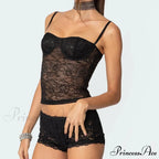 Transparent Lace Cupped Corset Hook Eye Back Crop Top Transparent Shorts Two Pieces Set