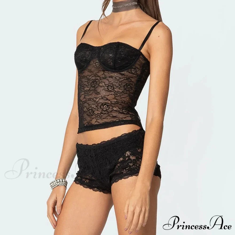 Transparent Lace Cupped Corset Hook Eye Back Crop Top Transparent Shorts Two Pieces Set