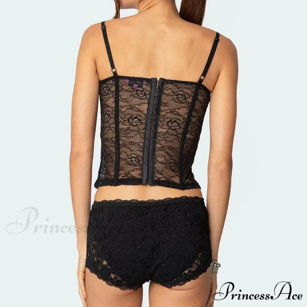 Transparent Lace Cupped Corset Hook Eye Back Crop Top Transparent Shorts Two Pieces Set