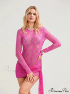 Transparent Lace Floral Mini Bodycon Dress with Fringe Floral Dress