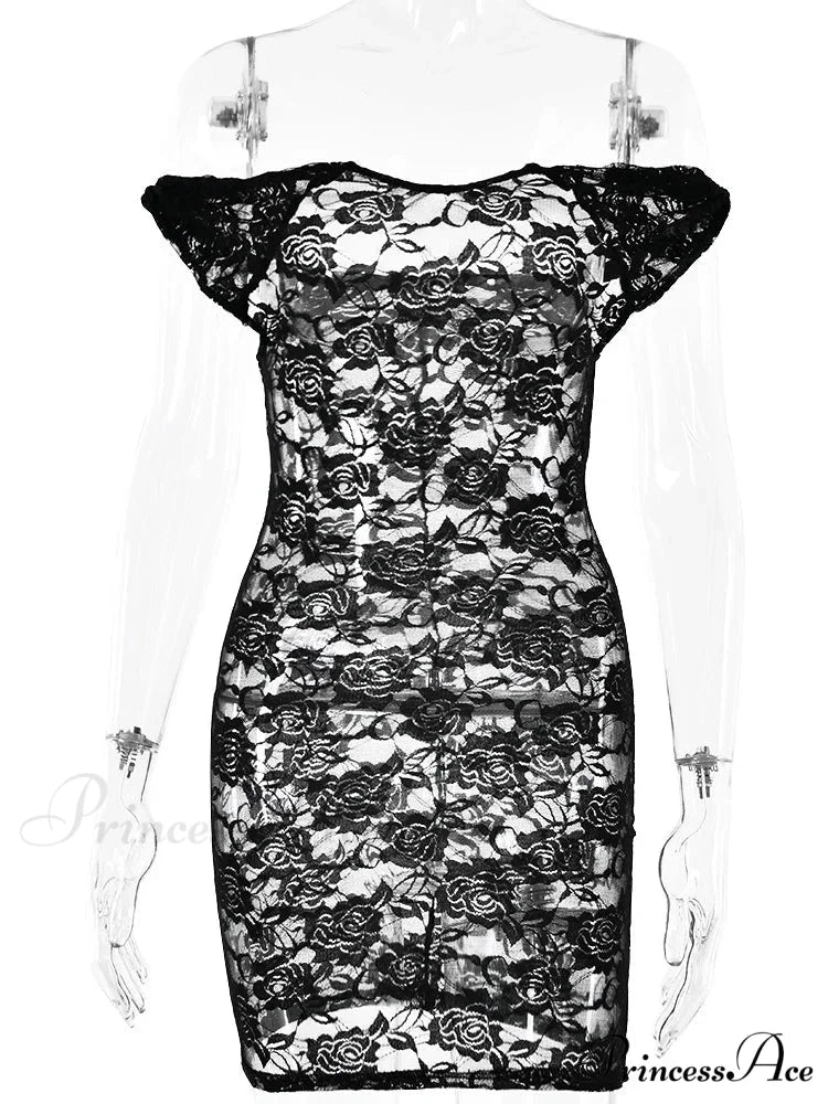 Transparent Lace Floral Off-The-Shoulder Body-Hugging Mini Floral Dress