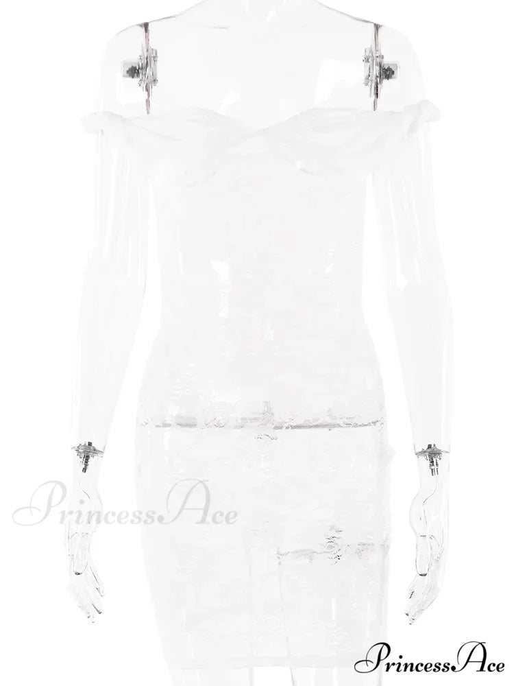 Transparent Lace Floral Off-The-Shoulder Body-Hugging Mini Floral Dress