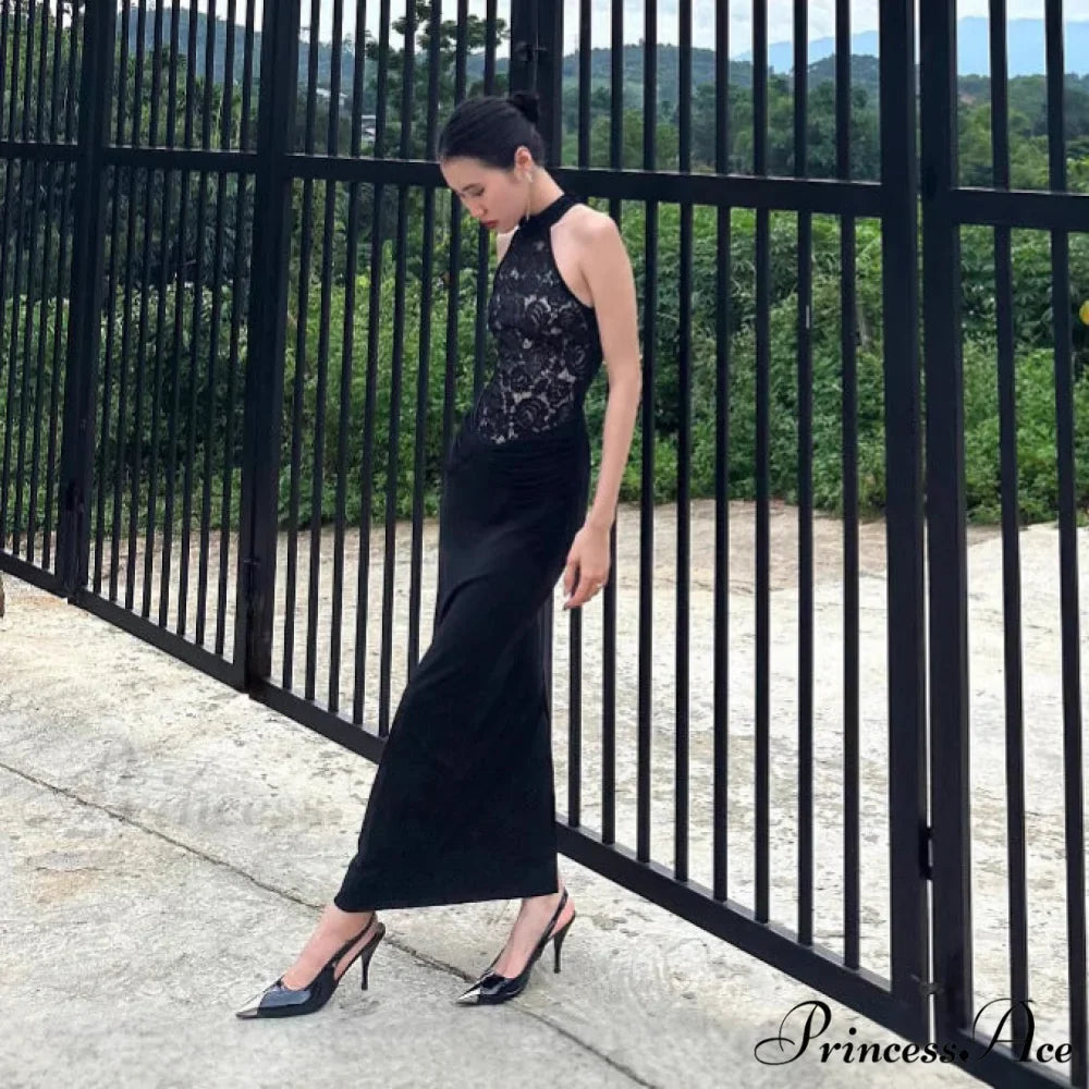 Transparent Lace Halter Open-Back Ebony Prom Gown