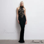 Transparent Lace Halter Open-Back Ebony Prom Gown