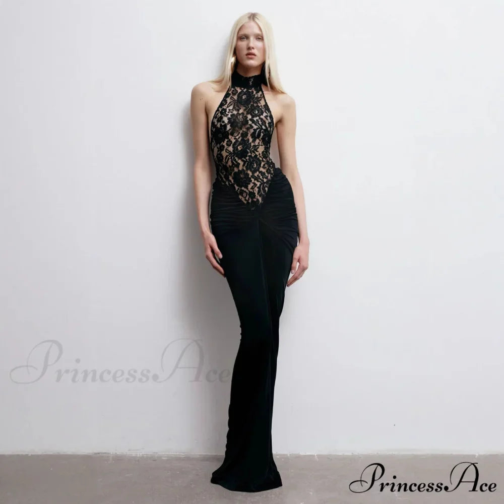 Transparent Lace Halter Open-Back Ebony Prom Gown