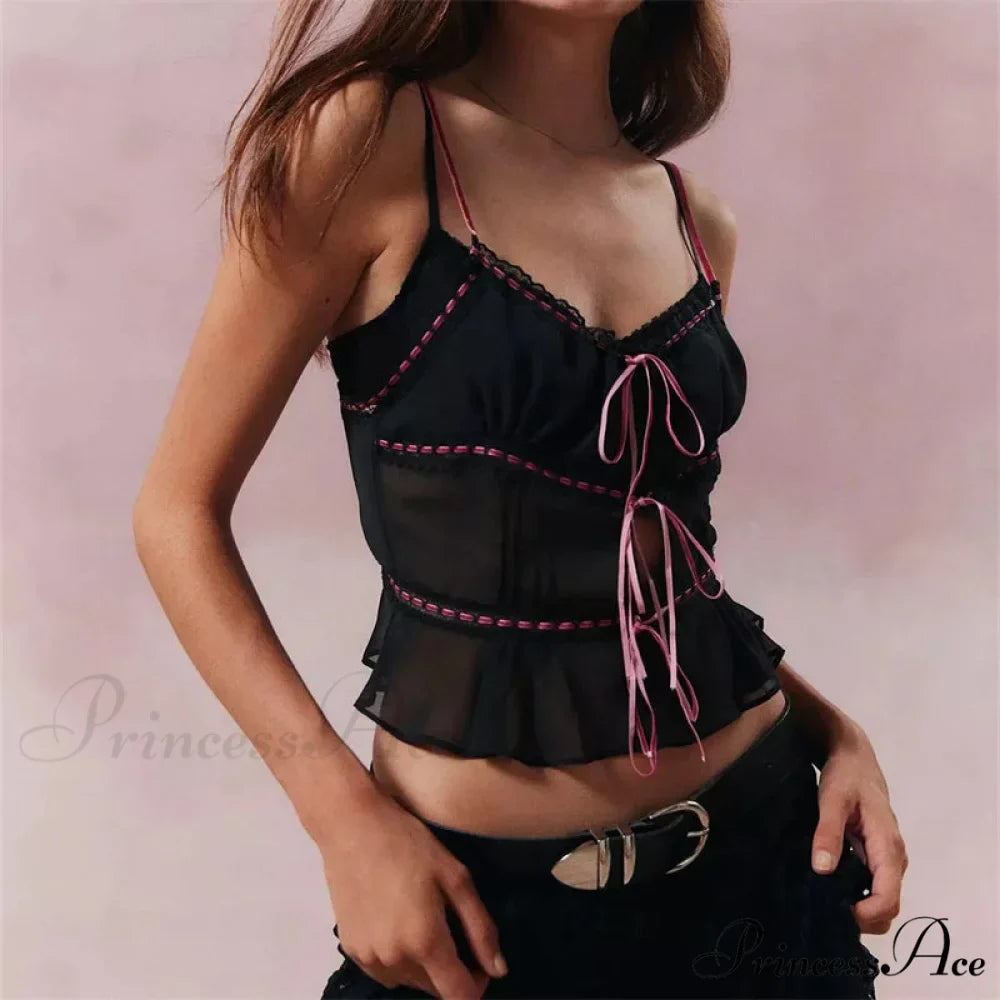 Transparent Lace-Up Spaghetti Crop Top