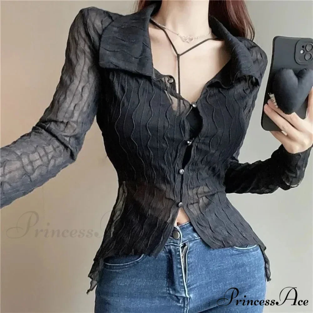Transparent Long Sleeve Fold-down Collar Shirt