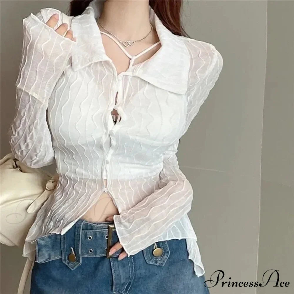 Transparent Long Sleeve Fold-down Collar Shirt
