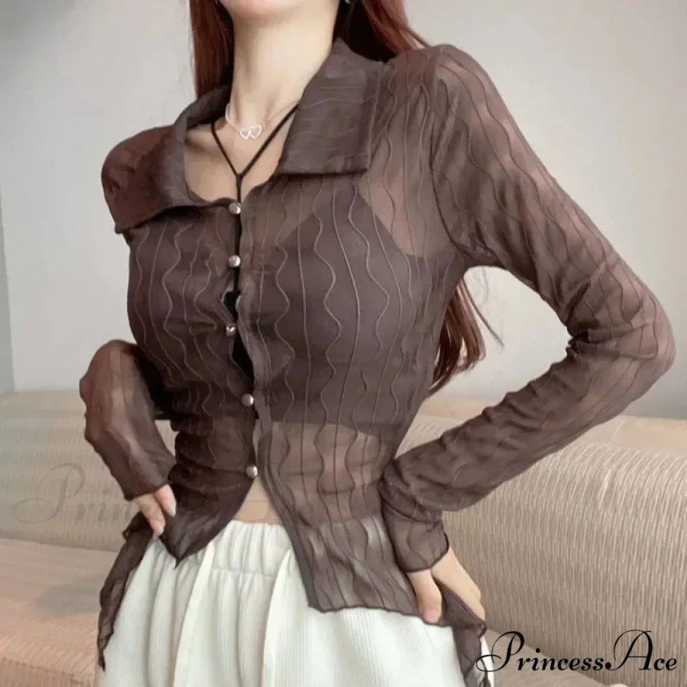 Transparent Long Sleeve Fold-down Collar Shirt