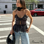 Transparent Net Frilled Midriff Top