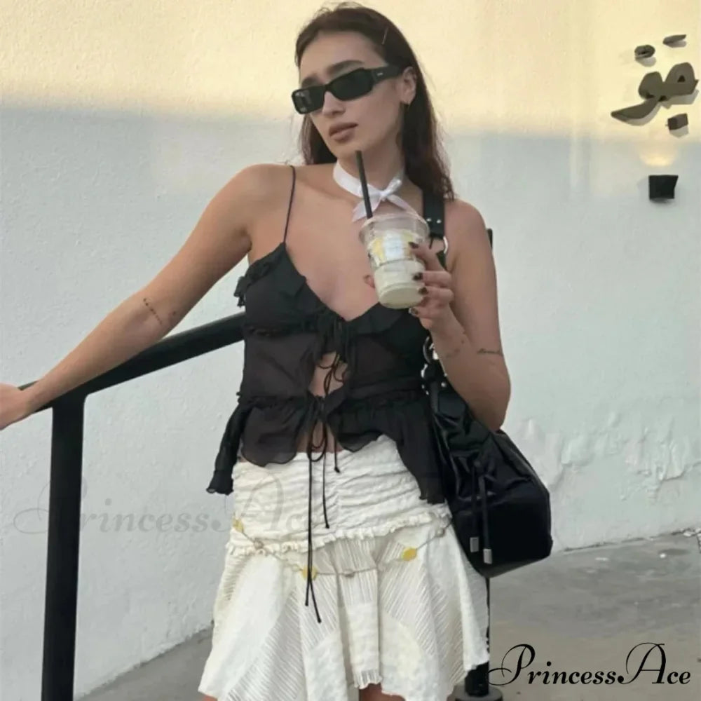 Transparent Net Frilled Midriff Top