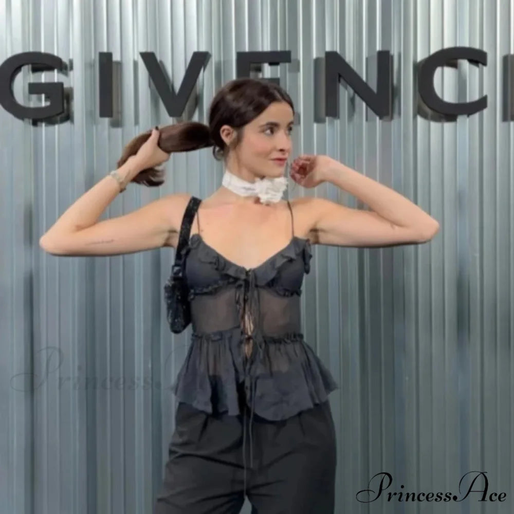 Transparent Net Frilled Midriff Top