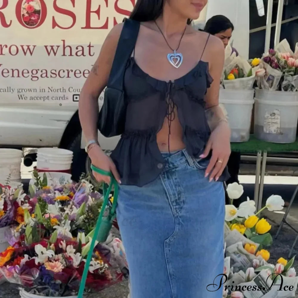 Transparent Net Frilled Midriff Top