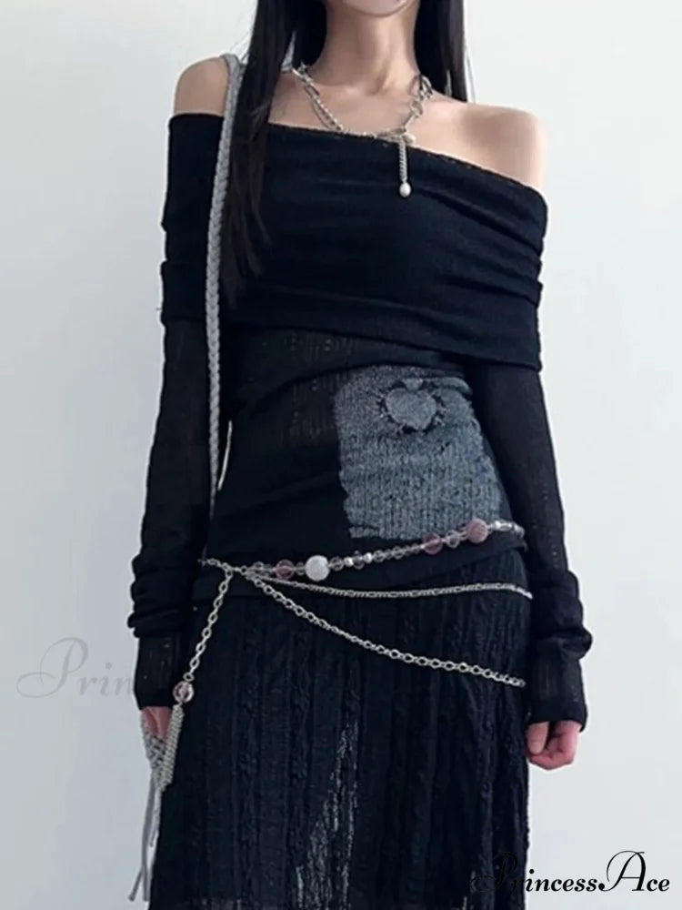 Transparent Printed Slash Neck Extended Sleeve Knit Top