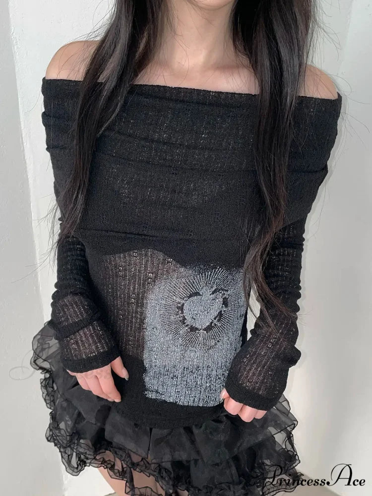 Transparent Printed Slash Neck Extended Sleeve Knit Top