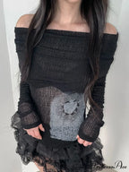 Transparent Printed Slash Neck Extended Sleeve Knit Top