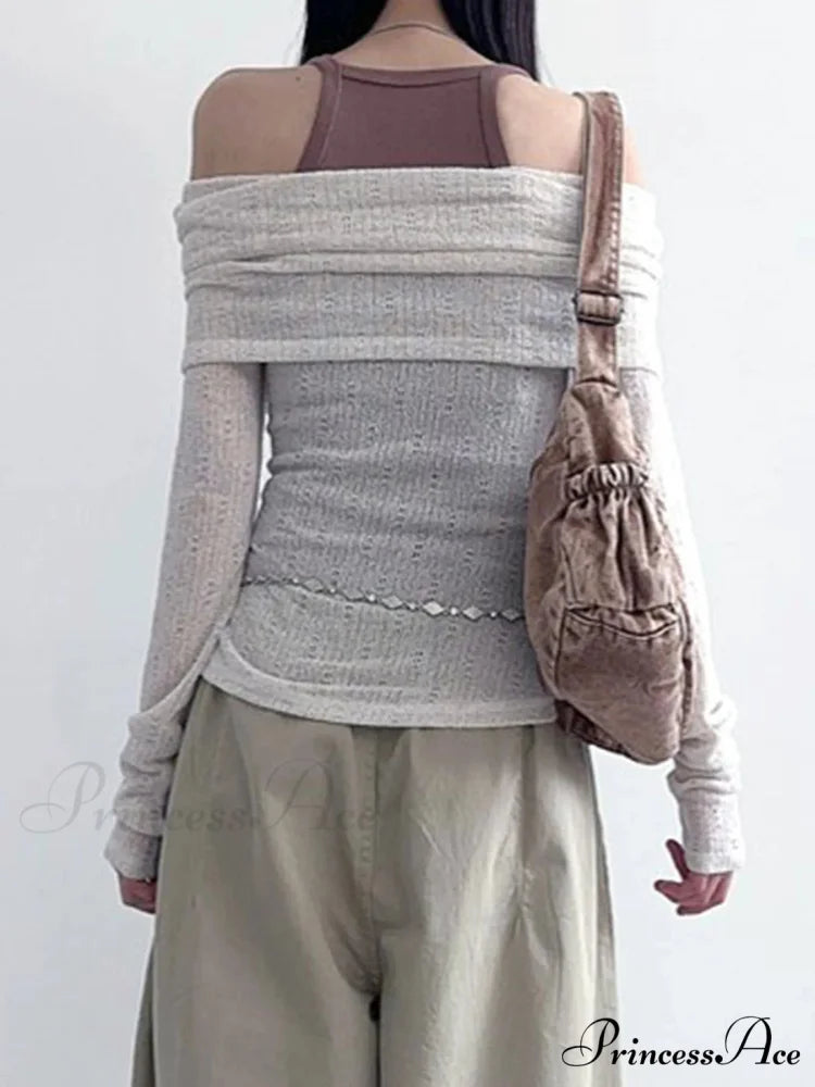 Transparent Printed Slash Neck Extended Sleeve Knit Top