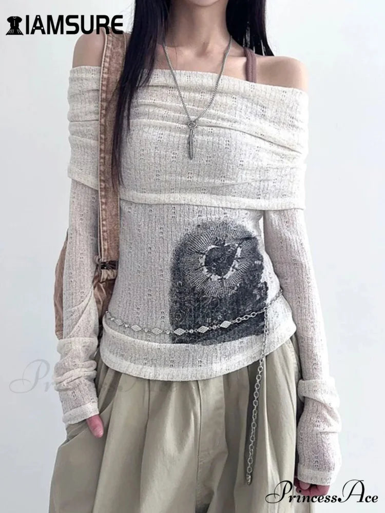 Transparent Printed Slash Neck Extended Sleeve Knit Top