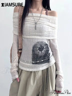 Transparent Printed Slash Neck Extended Sleeve Knit Top
