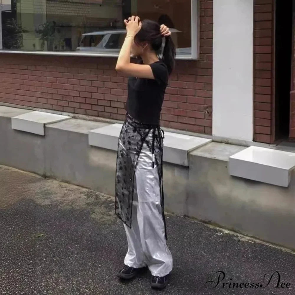 Transparent Sparkling Flower Lace Long Apron Skirt