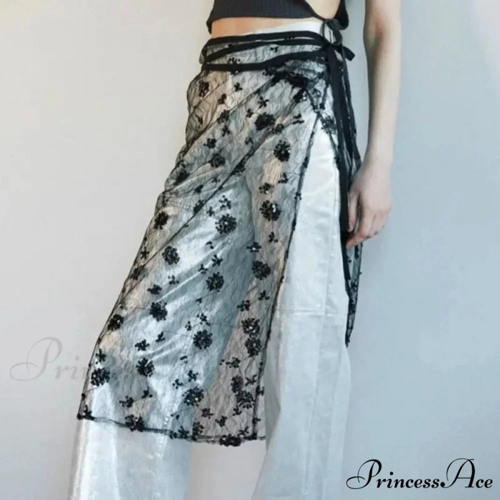 Transparent Sparkling Flower Lace Long Apron Skirt