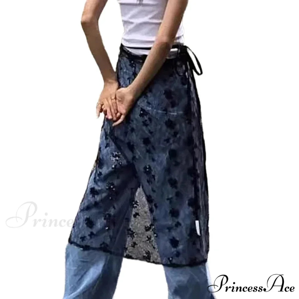 Transparent Sparkling Flower Lace Long Apron Skirt