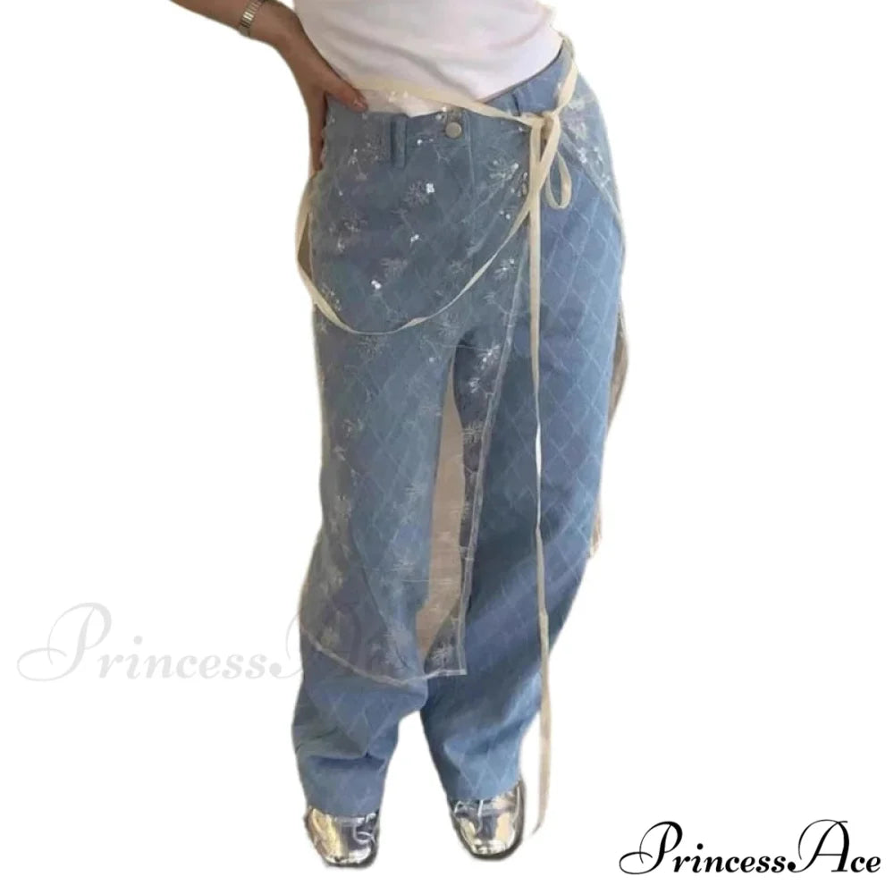 Transparent Sparkling Flower Lace Long Apron Skirt