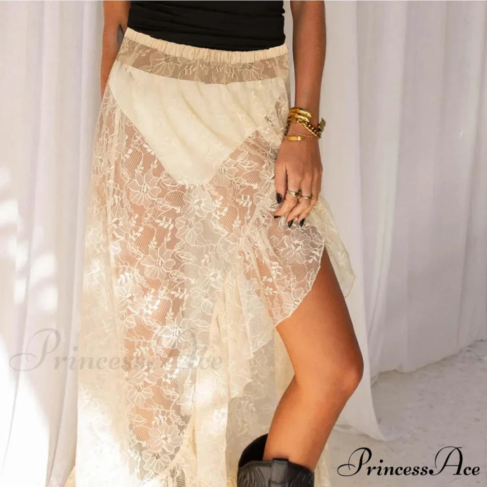 Transparent Stretchy High Waist Frilly Uneven Lace Skirt