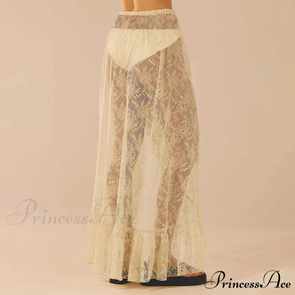 Transparent Stretchy High Waist Frilly Uneven Lace Skirt