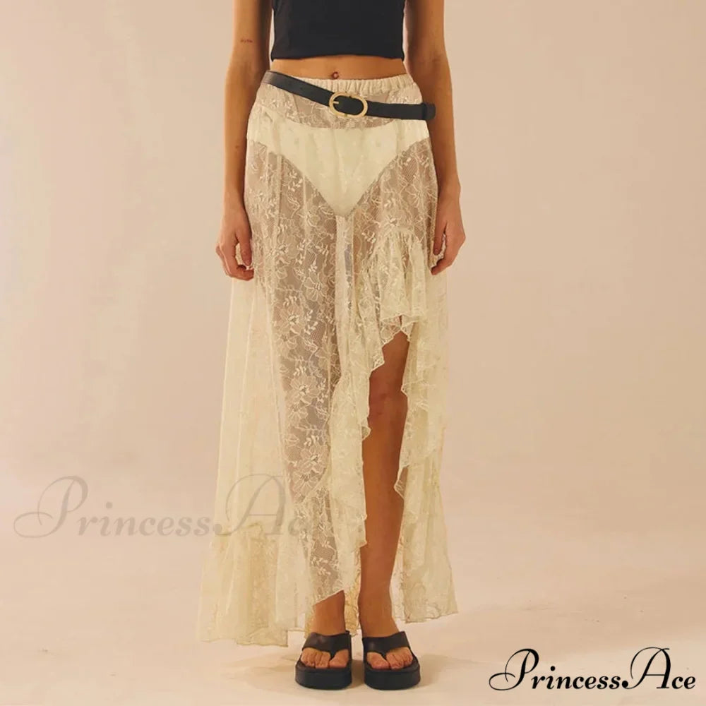 Transparent Stretchy High Waist Frilly Uneven Lace Skirt