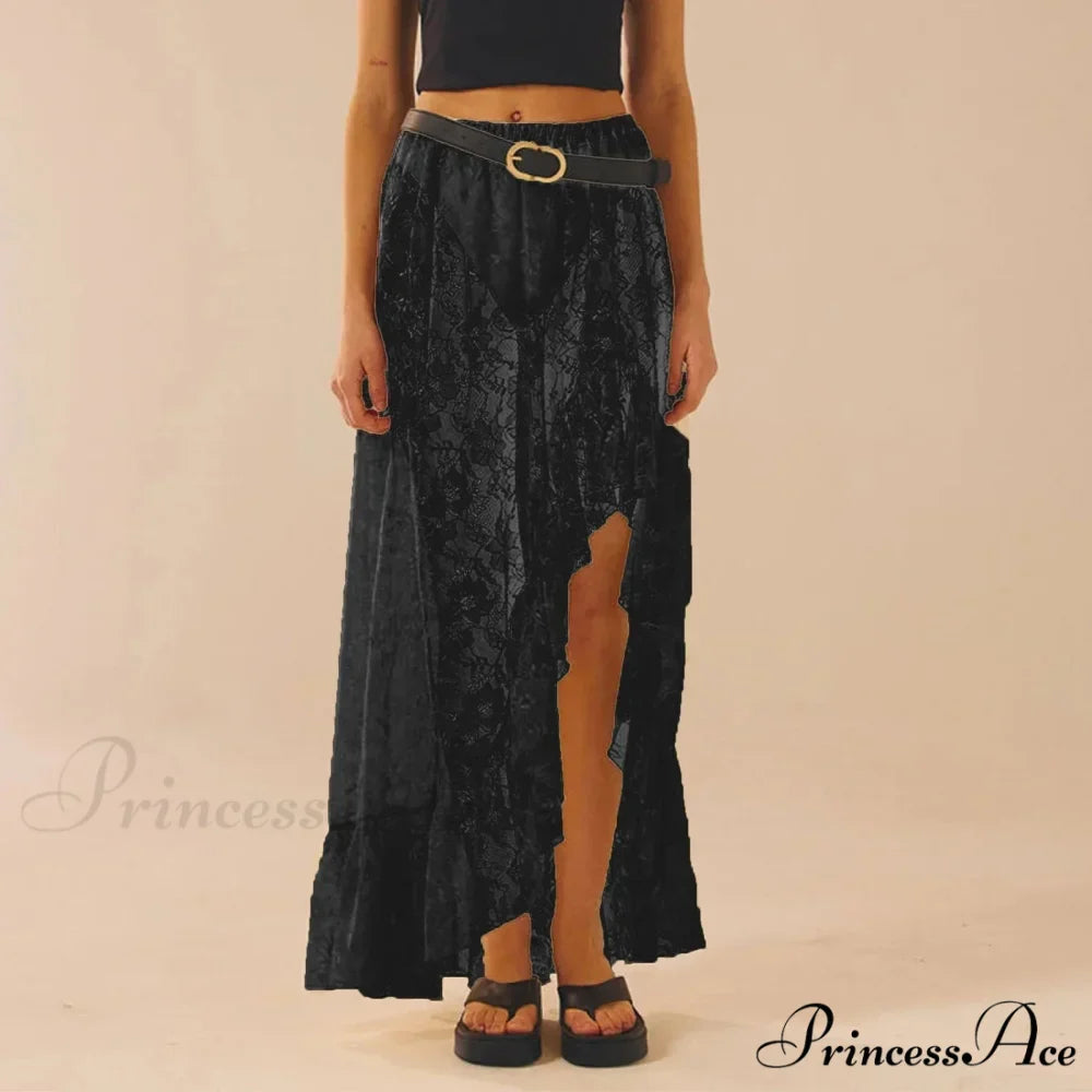 Transparent Stretchy High Waist Frilly Uneven Lace Skirt