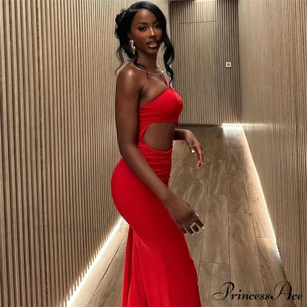 Trendy Incline Shoulder Hollow Maxi Dress for Christmas Party